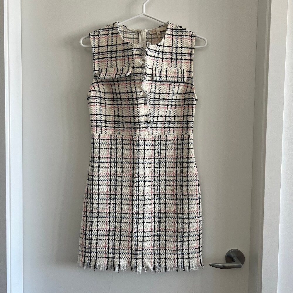 Maje Rianey Checked Tweed Mini Dress Ecru Fringe Trim Size 34